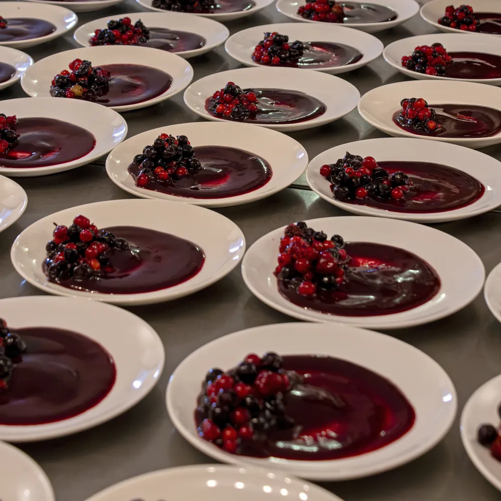 Dessert van bosbessen en rode bessen op een donkerrode coulis
